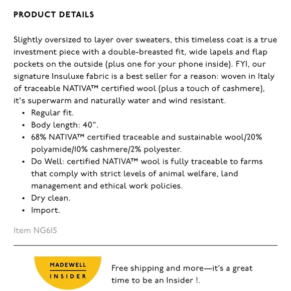 NWTs Madewell Haydon Camel Wool Cashmere Blend Long Coat in Insuluxe Fabric - Picture 8 of 12